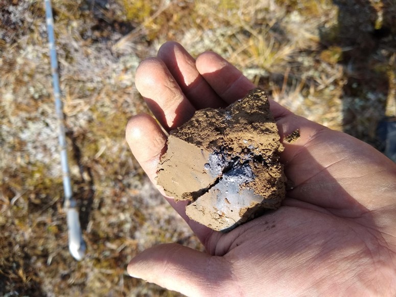 A hand holding a chunk of yellow-brown soil containing graphite.