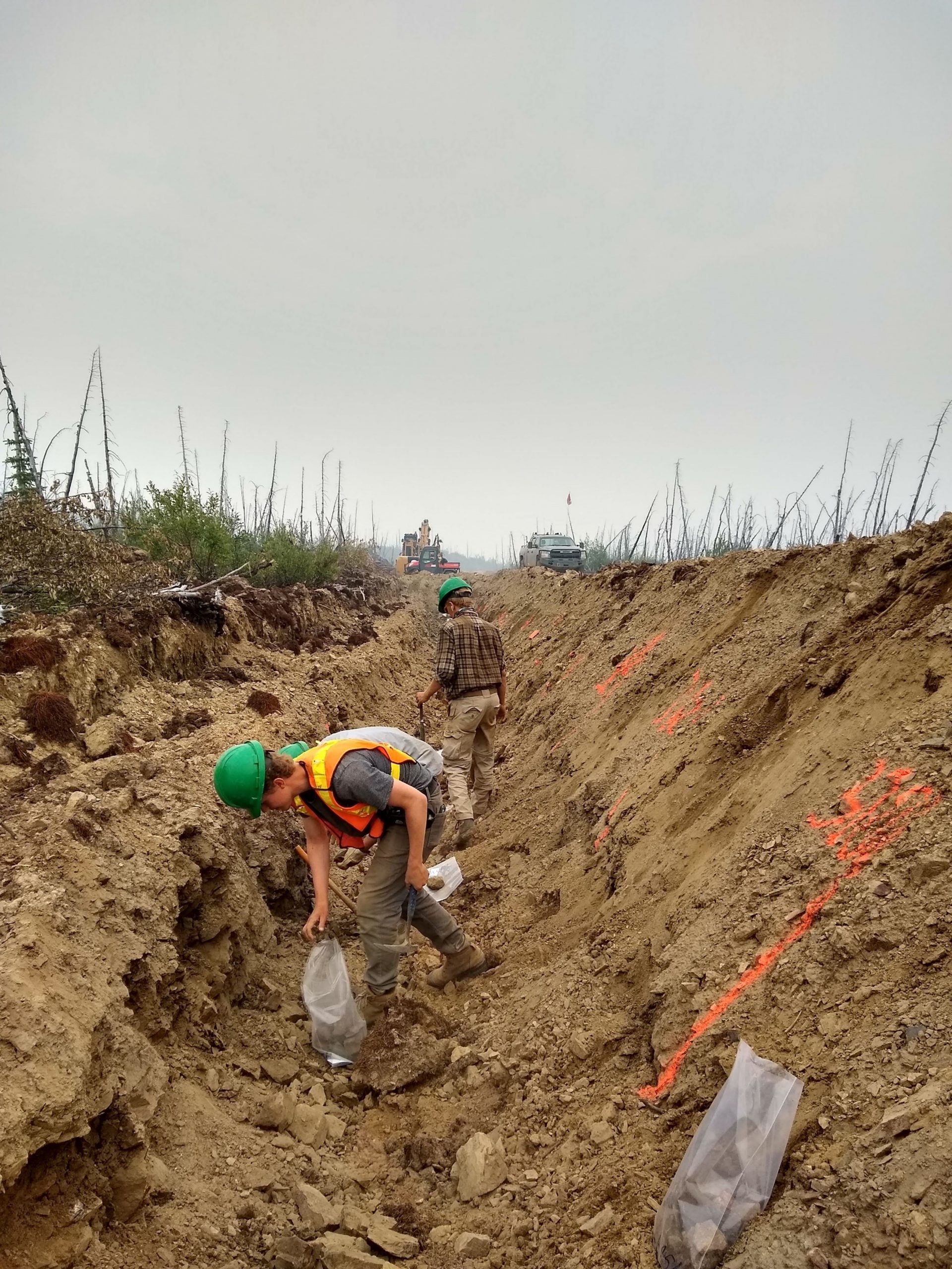 Two people sampling soil in a shallow trench