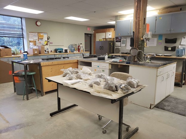 Soil samples in plastic sample bags laid out on a table in a laboratory